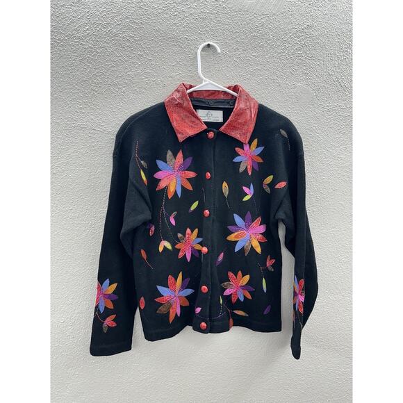 Design Options Philip Jane Gordon Womens Sweater Black Floral Textured ButtonUp - Picture 1 of 15